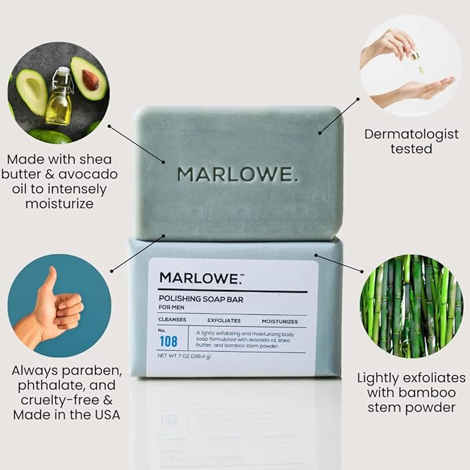No. 108 Polishing Soap Bar, 7oz, Lightly Exfoliating, Moisturizing & Cleansing Bar Soap for Men, Made with Natural Ingredients
