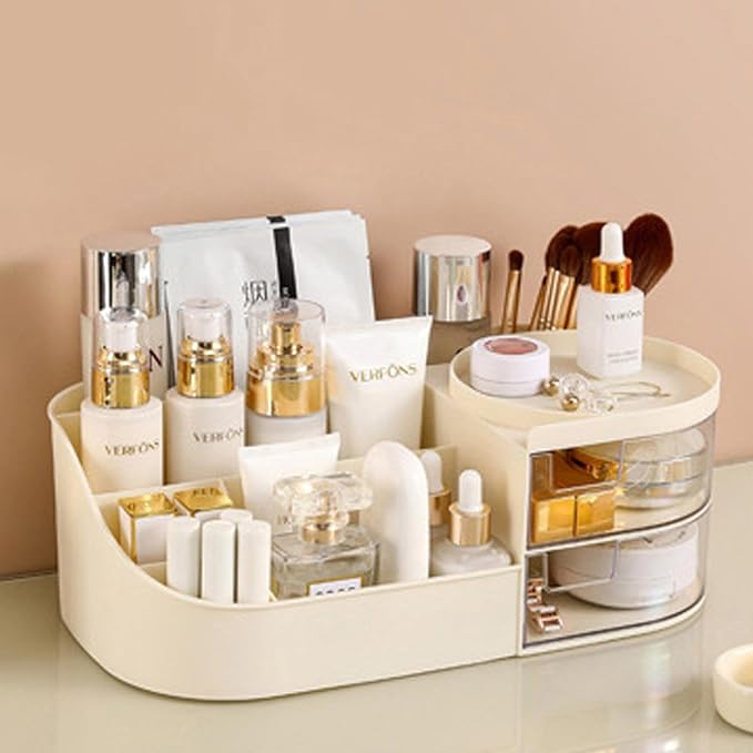 skin care organizer,Makeup Desk Organizer With Drawers,Countertop Organizer for Cosmetics,Vanity brush with Holder for Lipstick, Brushes, Eyeshadow, and Desktop Finishing Dresser (D-polar white)