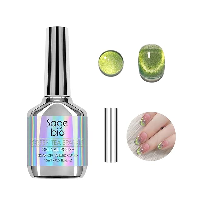 Cat Eye Gel Nail Polish with Magnet Stick, 15ml Glitter Holographic Nail Polish, Magnetic Effect Gel for Home DIY Manicure Gift, Jelly Green