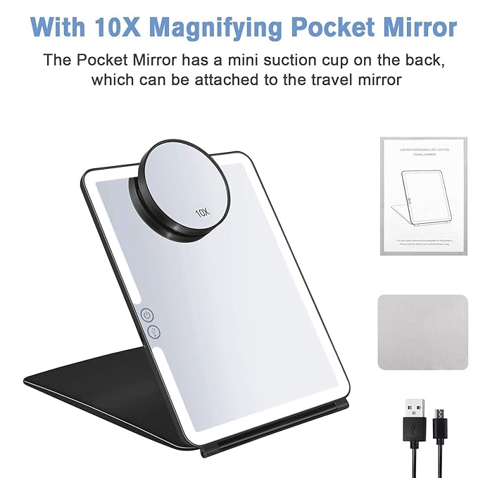 KEDSUM 10x Large Lighted Makeup Mirror, LED Travel Mirror with Lights, Compact Vanity Mirror with Touch Screen Dimming, 1x/10x Magnifying Mirror, Brightness Adjustable