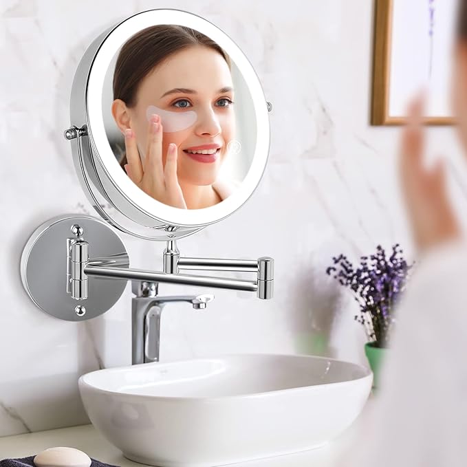 8.5 Inch Rechargeable Wall Mounted Lighted Makeup Mirror, Double-Sided 1X/10X LED Magnifying Vanity Mirror with Lights, 3 Color Lights Touch Screen Dimmable 360°Swivel 18 Inch Extendable - Chrome