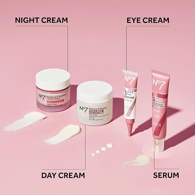 No7 Restore & Renew Face & Neck Multi-Action Serum - Collagen Peptide Anti-Aging Facial Treatment - Hyaluronic Acid Hydrating + Pro Retinol Skin Firming Hibiscus Peptides (2 Pack, 1.69 Fl Oz Each)