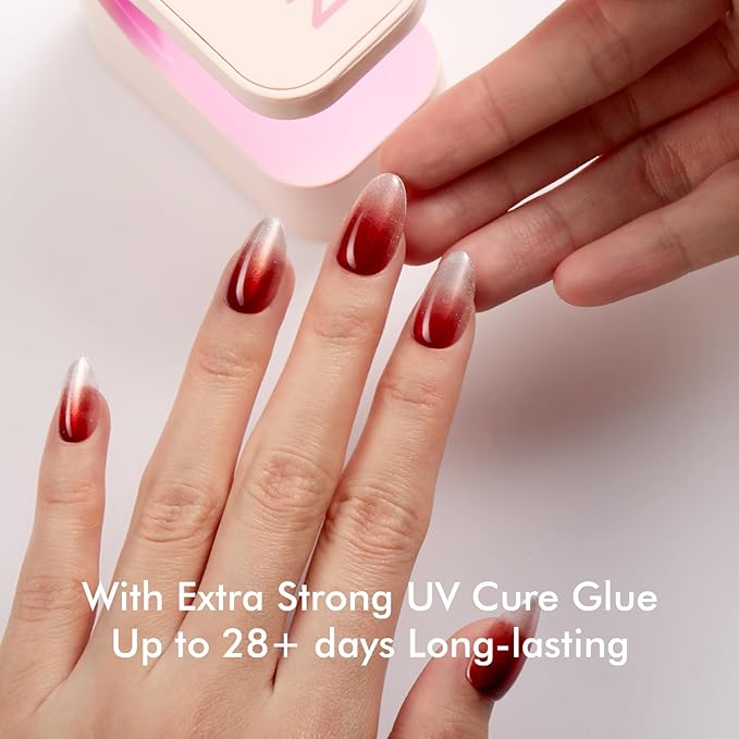 VSALON Press On Nails - Short Almond Red Cat Eye Ombre Fake Nails with Extra UV Cure Glue, 28-Days Salon-Strong No Pop-Off, Reusable Fake Nails for Party & Daily Wear - 32 PCS in 16 Sizes (Cocktail)