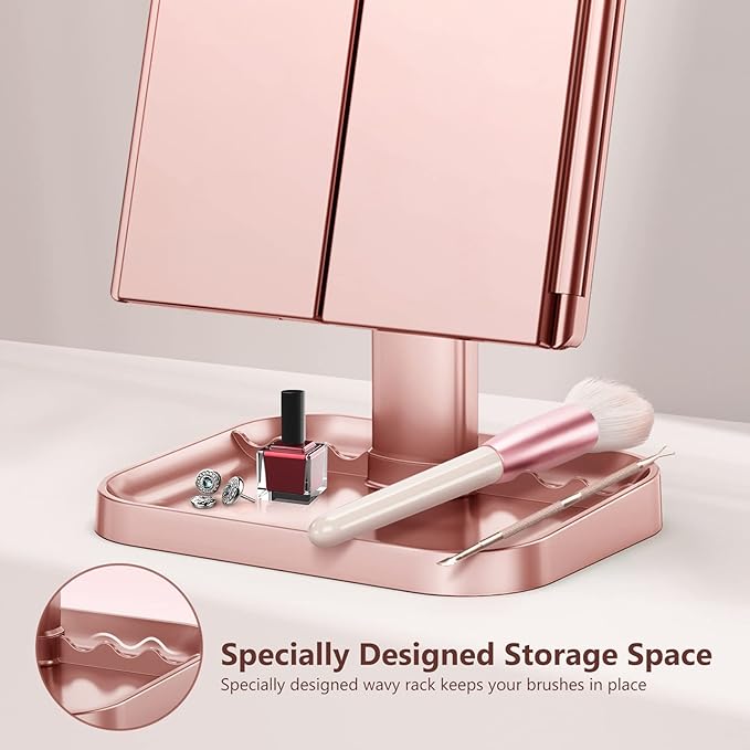 Makeup Mirror with Lights, 3 Color Lighting, Lighted Makeup Mirror, 10x 3X 2X Magnification, Vanity Mirror with 72LEDs, Touch Control, Dual Power Supply, Female Gift(Rose Gold)
