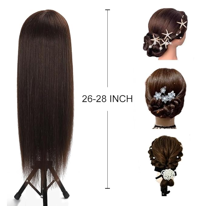 26 Inch Mannequin Head 80% Real Human Hair Styling Hair Mannequin Head Human Hair to Practice Hair and Makeup Hairdresser Head With Free Clamp (#4 No Makeup)