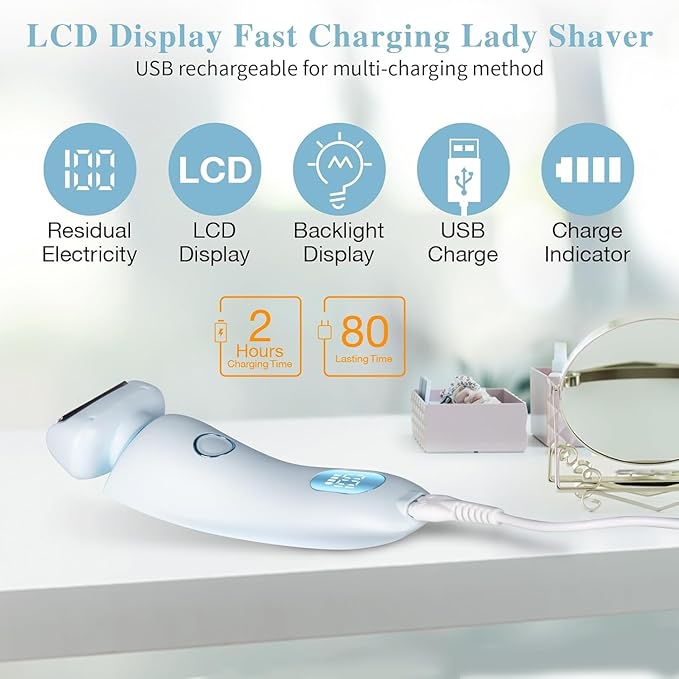 Electric Razors Shaver for Women, 2-in-1 Womens Electric Razor for Leg Arm Face, Cordless Bikini Trimmer Hair Removal for Women with Detachable Head, Painless,IPX7 Waterproof,Wet & Dry,Ocean Blue