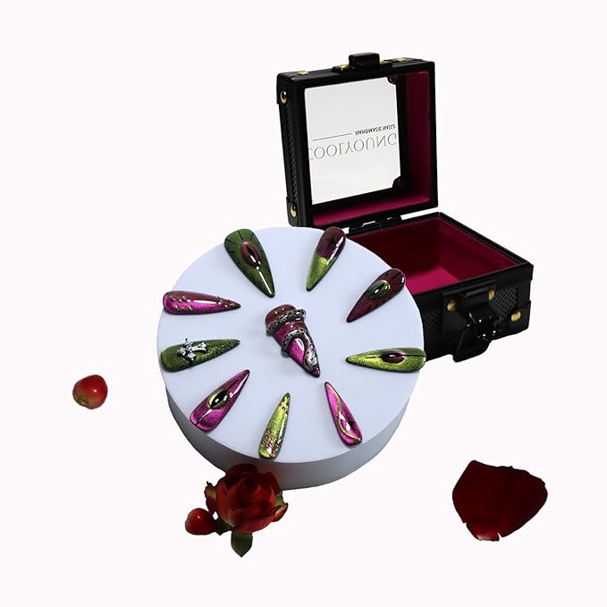 Handmade Nails, Press On Nails Green, Acrylic Press On Nails, Stiletto Nails, Stick On Nails For Women, Cats Eye Press On Nails, Snake Press On Nail, Woman Gifts, COOLYOUNG Nails, 10 PCS, Size L