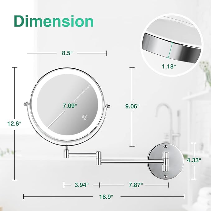 8.5 Inch Rechargeable Wall Mounted Lighted Makeup Mirror, Double-Sided 1X/10X LED Magnifying Vanity Mirror with Lights, 3 Color Lights Touch Screen Dimmable 360°Swivel 18 Inch Extendable - Chrome
