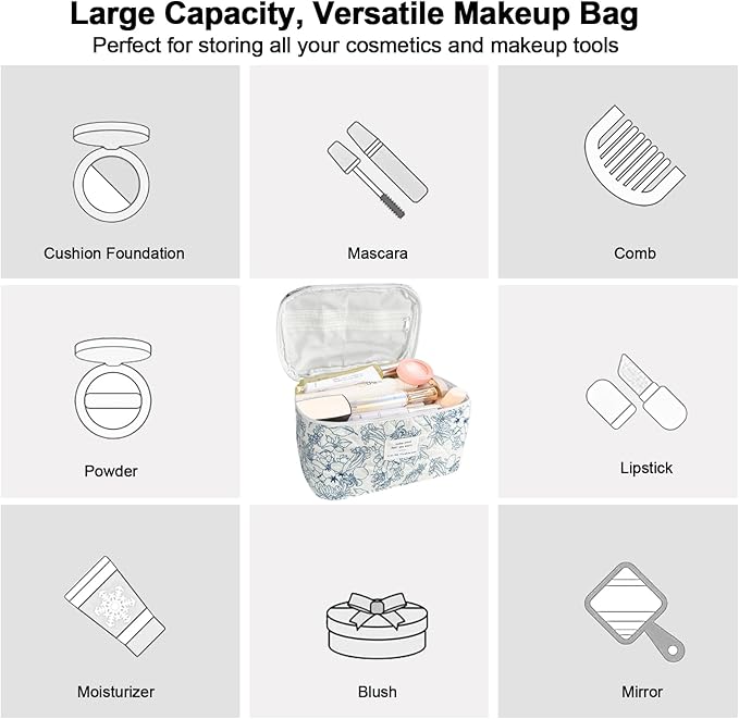 3Pcs Cotton Quilted Makeup Bag for Women Girls, Large Floral Cosmetic Bag Set Cute Makeup Brushes Aesthetic Accessories Storage Bag Flower Travel Toiletry Bag Organizer