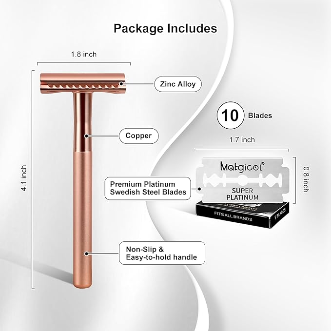 Premium Rose Gold Safety Razor – Swedish Steel Blades, Solid Copper Long Handle, Luxury Shaving Gift for Men & Women