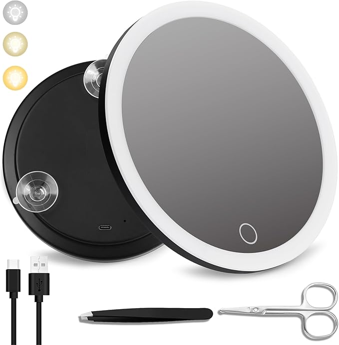 5x Lighted Magnifying Mirror with Suction Cups, Large 6'' Magnified Mirror with Light High Magnification Travel Makeup Mirror, Rechargeable Battery, 3 Colors Dimming Light, with Tweezers &Scissors