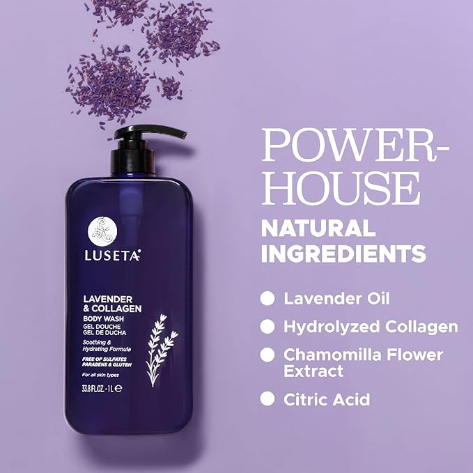 Luseta Lavender & Collagen Body Wash for Women and Men, Moisturizes and Soothes the Skin with Calming Aroma, Enhances Hydration Shower Gel Body Wash, Sulfate & Paraben-Free 33.8oz