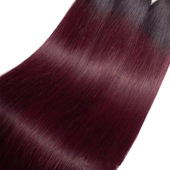 1B99J Straight Bundles Human Hair Two Tone Black and Burgundy Straight Bundles Brazilian Human Hair Weave Soft and Silky for Women 26 28 30 Inch