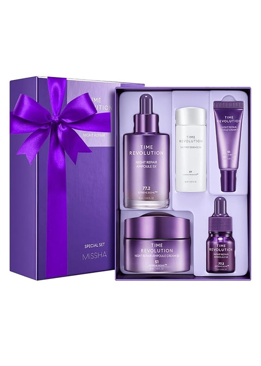 MISSHA Time Revolution Night Repair 5X Gift Set Night Repair Ampoule and Cream 5X, The First Essence 5X for Youthful, Glowing Skin, Mother's Day Gifts