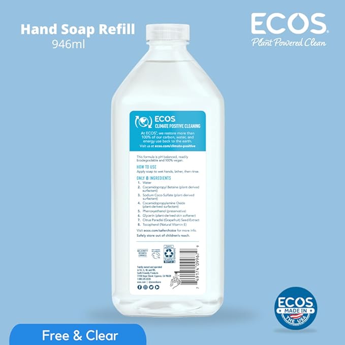 ECOS Supercharged Squeaky Clean: Free & Clear Refill Hand Soap (2 Pack) | Emphasizes both cleaning power friendliness