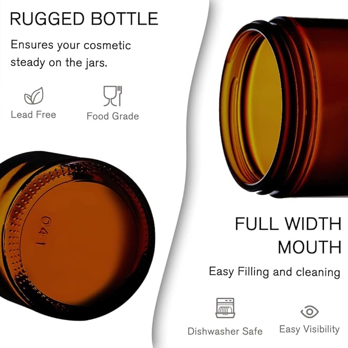 1 oz Amber Glass Jars with Lids, 105 pack Clear Small Jars with Black Lids, White Labels and Inner Liners, Empty Round Cosmetic Containers for Cream, Lotion (Amber 105 Pack)