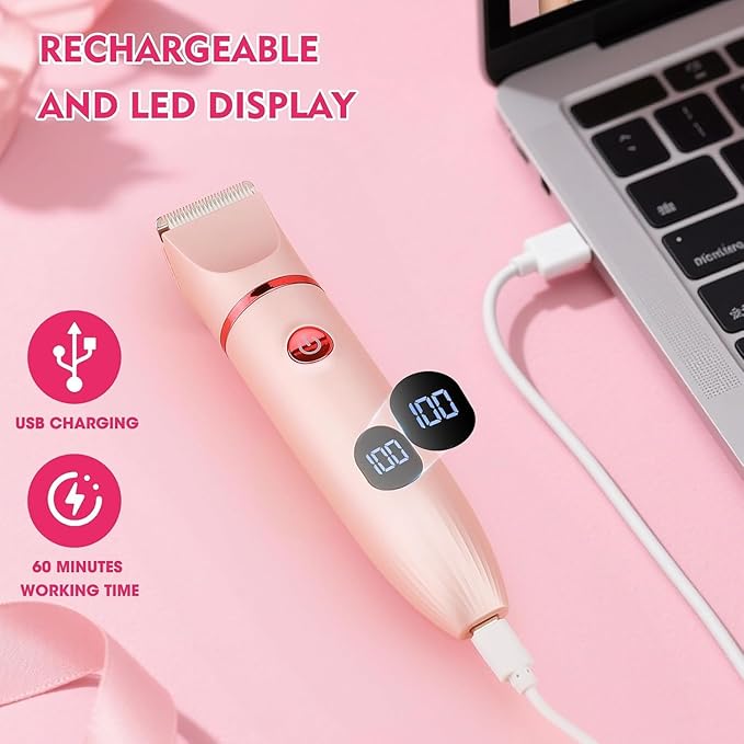 Bikini Trimmer for Women, 3 in 1 Electric Razors for Women, Waterproof Pubic Hair Trimmer and Facial Hair Remover, Rechargeable Electric Shaver for Underarm Leg Arm Body with LED Display, Pink