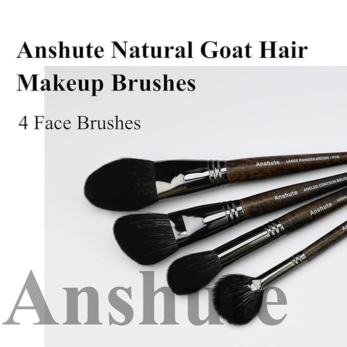 Natural Goat Hair Makeup Brushes Set of 4, Face Brushes, Professional Natural Hair Cosmetic Brushes, Beech Wood Handle. Super Soft Bristles, Variety of Brushes.