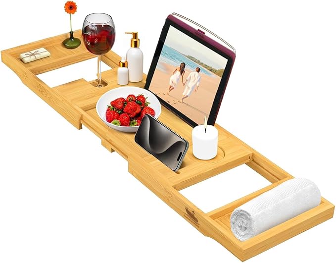 Foldable Bathtub Tray Expandable to 109cm with Bath Bomb and Scented Candle, Adjustable, Waterproof Bamboo Bathtub Caddy with Anti Slip Grip Pads for Home Spa