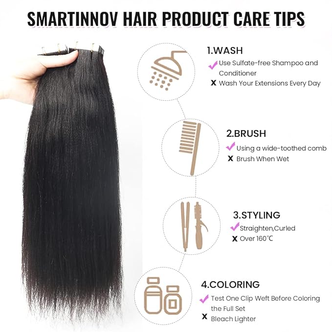 40pcs 100G Yaki Tape in Human Hair Black Extension for Women - Invisible Tape, Glue in Remy Human Hair Piece - Seamless Skin Weft Double Sided - Light Yaki Straight 22 Inches