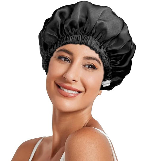 22 Momme 100% Mulberry Double Silk Bonnet for Sleeping Women Double Layer Lined Stay On Head for Hair Care with Adjustable Elastic Band Non-Slip Silk Turban Curly Hair Silk Hair Cap Black