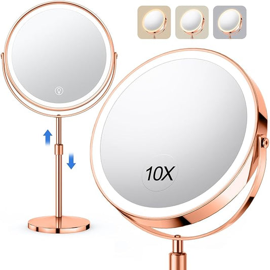 10X Large Lighted Makeup Mirror, Rechargeable 8" Height Adjustable Vanity Mirror, 1x/10x Magnifying Mirror with 3 Color, Brightness Adjustable, 360° Rotation Double Sided Mirror, Ideal Gift(Rose Gold)