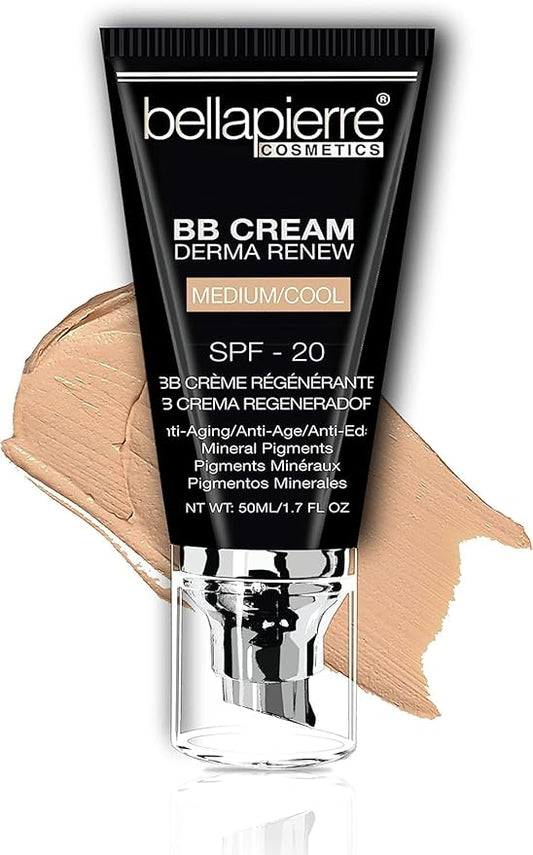 bellapierre BB Cream with SPF 20 - Tinted Sunscreen, Concealer, Matte Foundation, & Moisturizing Face Cream | Lightweight Formula + Pump Top Applicator | Paraben Free | 1.7 Oz - Medium Cool