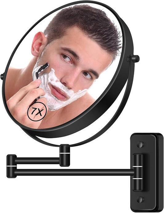 8” Wall Mounted Magnifying Makeup Mirror 1X/7X Wall Mount Mirror Swing Arm Two-Sided 360° Swivel Bathroom Shaving Mirror for Men and Women in Hotel/Home, Black