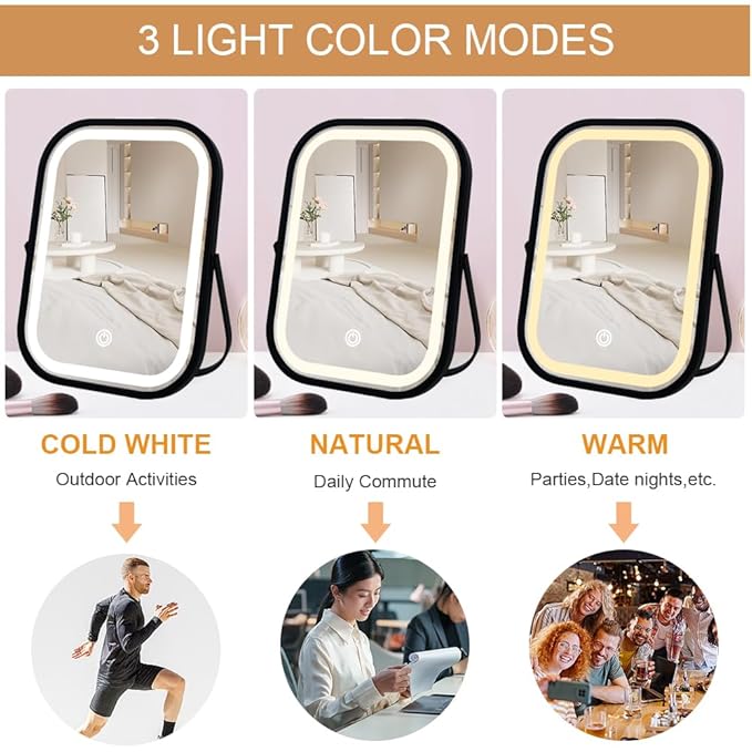Travel Mirror with Lights, Small LED Makeup Mirror with Lights,Portable Desk Mirror 1200mAh Battery,3 Color Modes,Dimmable Touch Screen, Tabletop Folding Compact Mirror,Women Gift