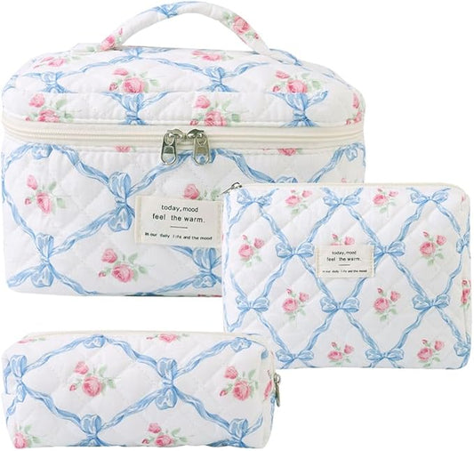 Makeup Bag, 3 PCS Quilted Makeup Bag, Cute Floral Cotton Cosmetic Bag set, Coquette Makeup Pouch Large Travel Toiletry Bag