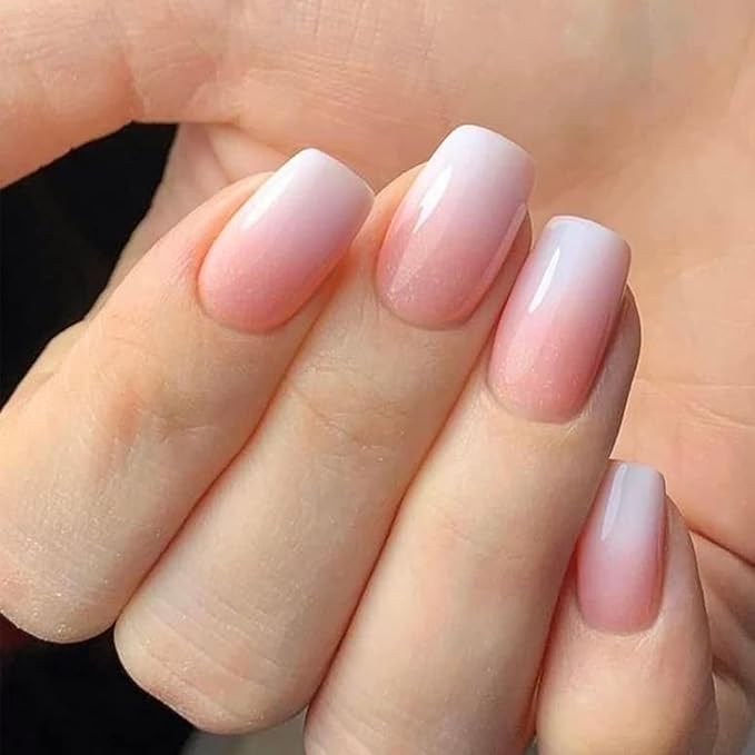 Modelones Pink Ombre Press on Nails, Spring Easter Short Square Fake Nails, Reusable Nail Kit with Nail Glue Adhesive Tabs Mini Nail File, Nails Press Ons 32Pcs 16 Sizes, Women Girl Gift