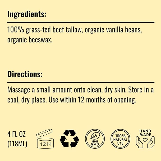 Pure Whipped Tallow Balm | 100% Organic Grass-Fed Beef Tallow Face Moisturizer & Lip Balm (4oz, Vanilla Hint)