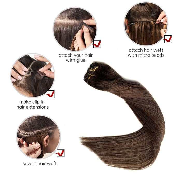 Sew in Hair Extensions Real Human Hair, Weft Hair Extensions Human Hair Bundles Balayage Dark Brown to Light Brown Sew in Hair Extensions 14 Inch 80G Hand Tied Weft Hair Extensions Human Hair