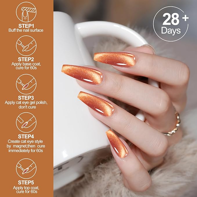 Adhere 6Pcs 12ML Cat Eye Gel Nail Polish Set,Colorful Light Reflective Glitter Cat Eye, Sparkling Diamond Magnetic Amber Shine Color with Magnet Autumn Winter Dark Cat Eye