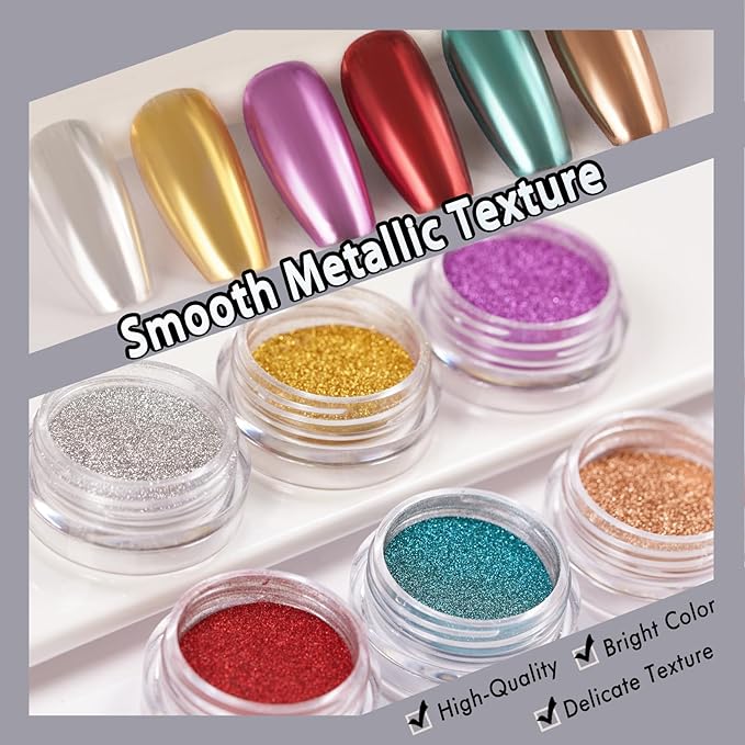 Chrome Nail Powder Metallic Mirror Pigment Dust for Gel Manicure Nail Art Decoration Silver Gold Red Purple Blue Brown 6 Colors Kit 0.5g/Jar (TA 6 Pcs Set-02)