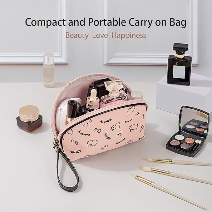 AmBealla Small Cosmetic Bag Portable Storage Bag for Women,Cute Compact Makeup Bag for Keys and Phone, Pink Cotton Organizer with Wristband,Portable Travel Bag for girls