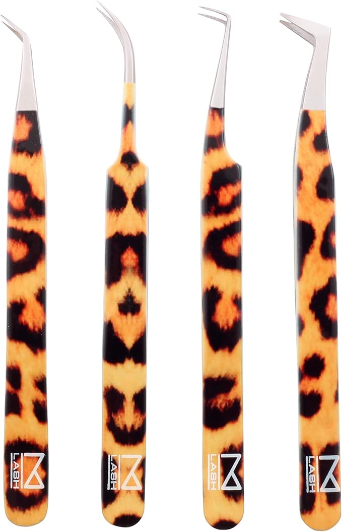 M LASH Tweezers for Eyelash Extensions (Set of 4) - Professional Lash Extension Tweezers - Fiber Tip, Japanese Steel, Diamond Grip Eyelash Extension Tweezer (Leopard Prints)