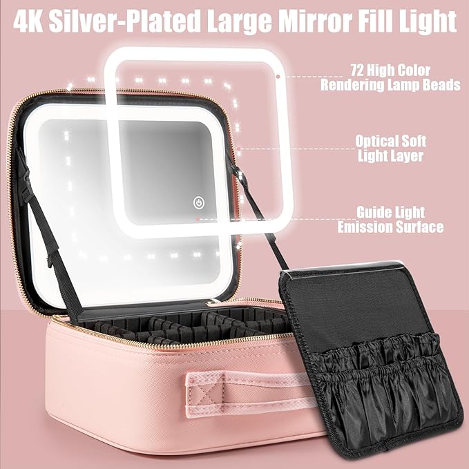 Makeup Travel Train Case with Mirror LED Light 3 Adjustable Brightness Cosmetic Bag Portable Storage Adjustable Partition Waterproof Makeup Brushes Makeup Jewelry Gift for Women