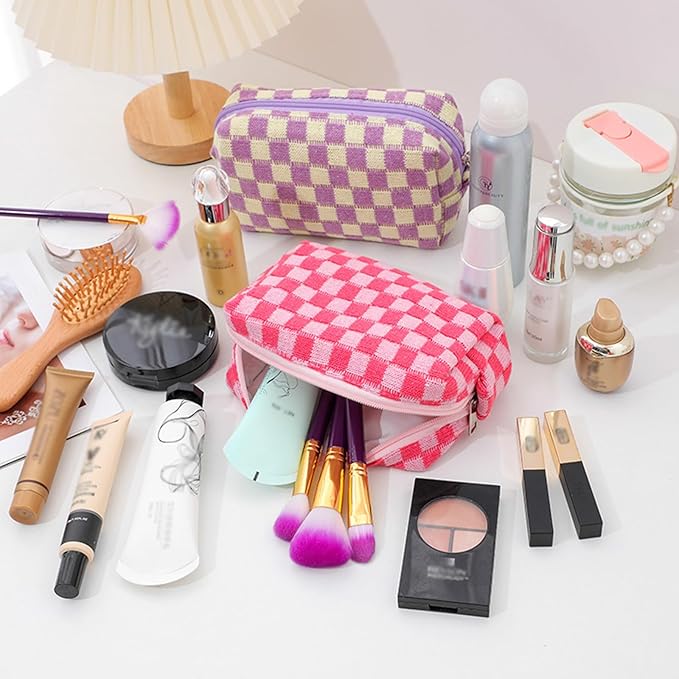 12 PCS Checkered Makeup Bag Cosmetic Bag for Women Checkered Pouch Plaid Makeup Bag for Women Large Capacity Pencil Case Makeup Brushes Storage Bag Travel Toiletry Bag Organizer