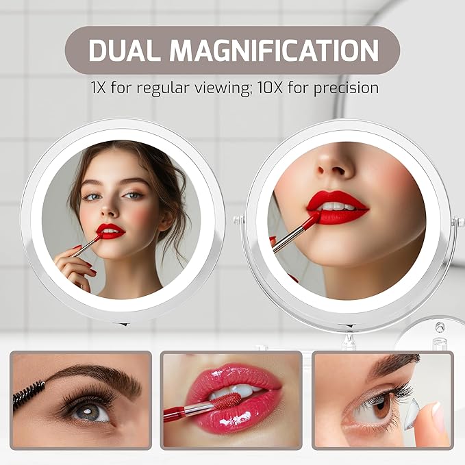 OVENTE 9" Lighted Wall Mount Makeup Mirror with 1X/10X Magnification, Cordless Double Sided Magnifying Round Vanity Mirror, 360° Swivel Design, Extendable and Folding Arm, Polished Chrome MFW85CH1X10X