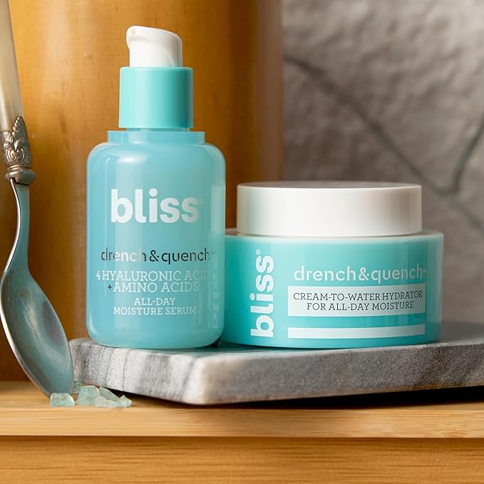 Bliss Drench & Quench Hydrating Duo: Serum + Moisturizer with 4 Types of Hyaluronic Acid for Intense Hydration - Lightweight, For All Skin Types - Clean, Vegan, Cruelty-Free