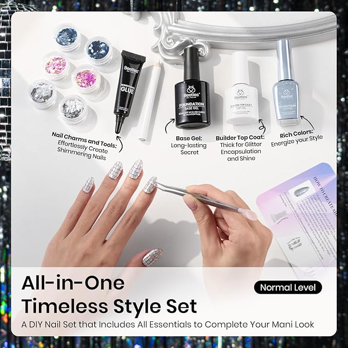 Beetles X DIY Nail, Glitter Pink Blue Silver Gel Nail Polish with Base and Top Coat, Rhinestone Glue, Disco Ball Nails for Party Sparkling Nails Holiday Nails DIY Manicure Gifts for Women Girls