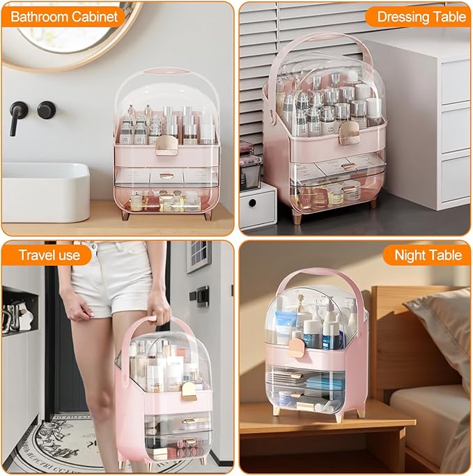 IUI Make up Organizer, 2 Drawer Make up Organizers for Vanity, DustProof Skincare Organizers with Lid, Large Cosmetic Display Cases for Vanity, Bathroom, Countertop, Gifts for Women Girls, Pink