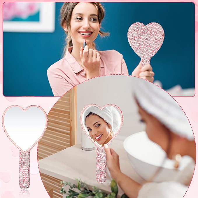 Sintuff 2 Pcs 8.85 Inch Bling Rhinestone Handheld Mirror Dazzling Adorable Heart Shaped with Handle Decorative Cosmetic Glitter Makeup Hand Mirror for Women Girls Bride Wedding Gifts(Pink)