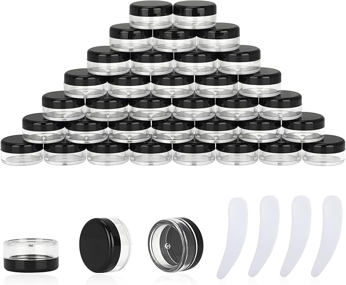 50PCS 3 Gram Sample Containers, 3ml Empty Jars with Lids, Small Cosmetic Containers, Mini Sample Jars with 4PCS Mini Spatulas for Make Up, Oils, Lotion, Powder, Paint, Jewelry, Lip Balms(Black Lid)