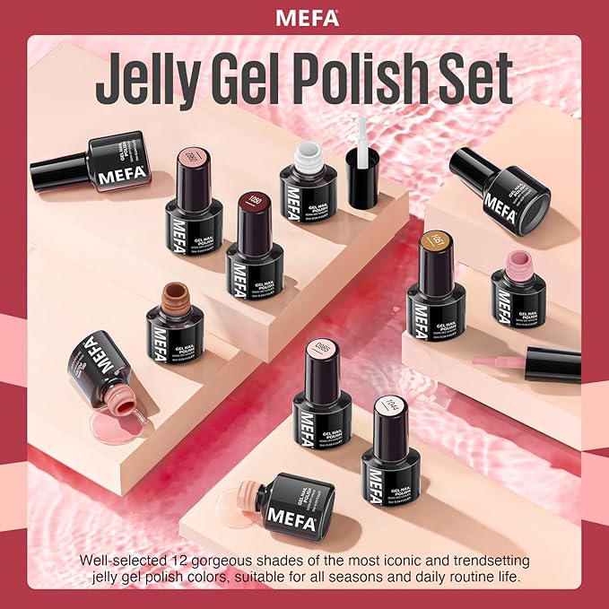 MEFA Jelly Gel Nail Polish Set, 12 Colors Jelly Red Glitter Gel Polish Set Nude Pink Milky White Nail Polish Gel Neutral Transparent Sheer Red Gel Nail Gifts for Women Girl DIY Salon Home Manicure