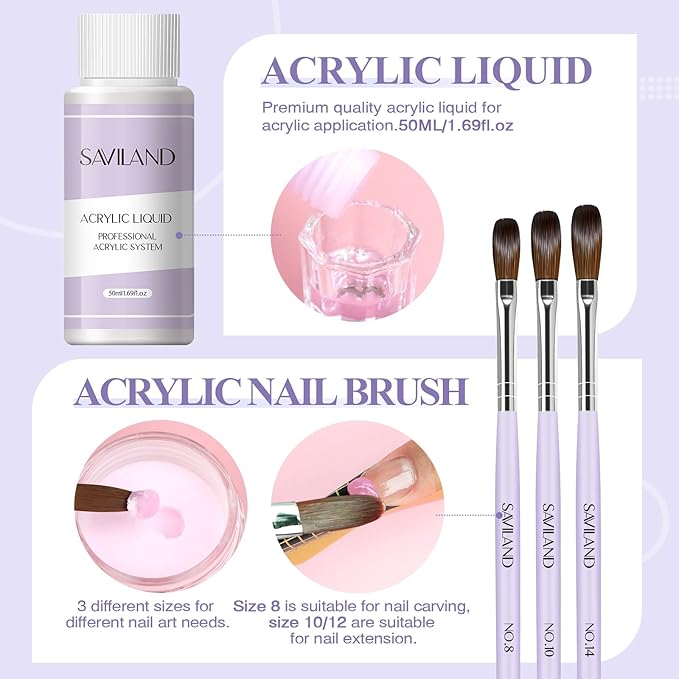 SAVILAND Acrylic Nail Kit: Professional Nails Kit Acrylic Set 15g Clear/White/Pink Powder and Liquid Monomer Set with Brushes Forms Dappen Dish for Beginner DIY at Home