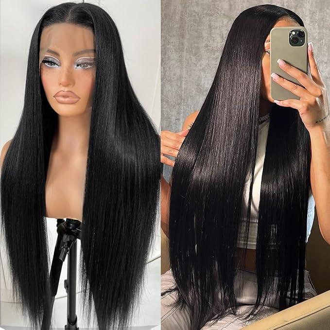 13x6 Long Straight Lace Front Wigs Natural Black Glueless Straight Hair Lace Front Wig Pre Plucked Yaki Synthetic HD Lace Front Wig 32inch