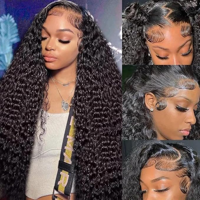 Aomllute 34 Inch Lace Front Wig Human Hair Pre Plucked 200 Density 13x4 HD Deep Wave Lace Frontal Wigs Human Hair with Baby Hair Curly Human Hair Wigs for Women Natural Black