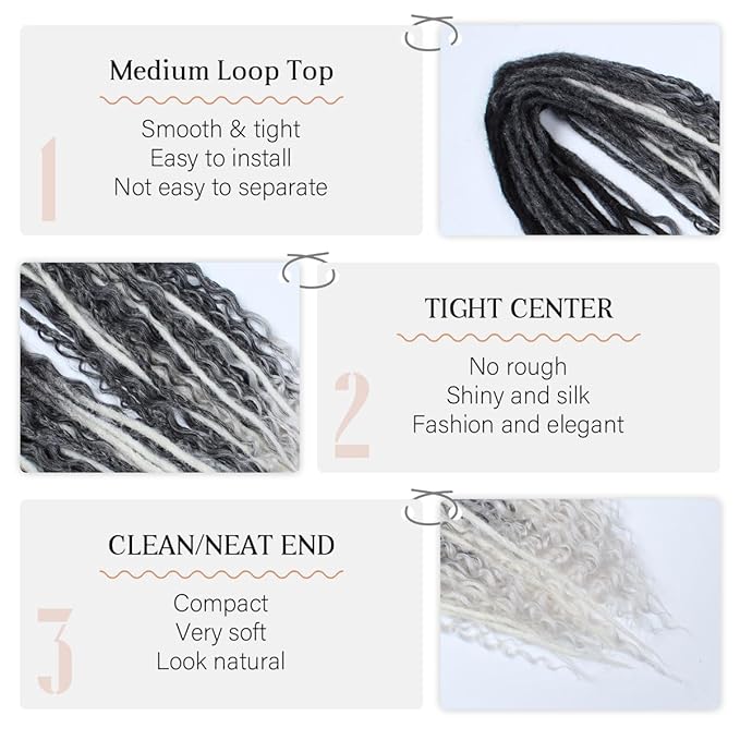 24 Inch Double Ended Dreadlock Extensions Sets, 20 Strands 3 In 1 Mixed Synthetic Dreads Extensions, Gray to White Straight&Curly&Boho Handmade Dreads Hippie Style Dreadlocks for Woman